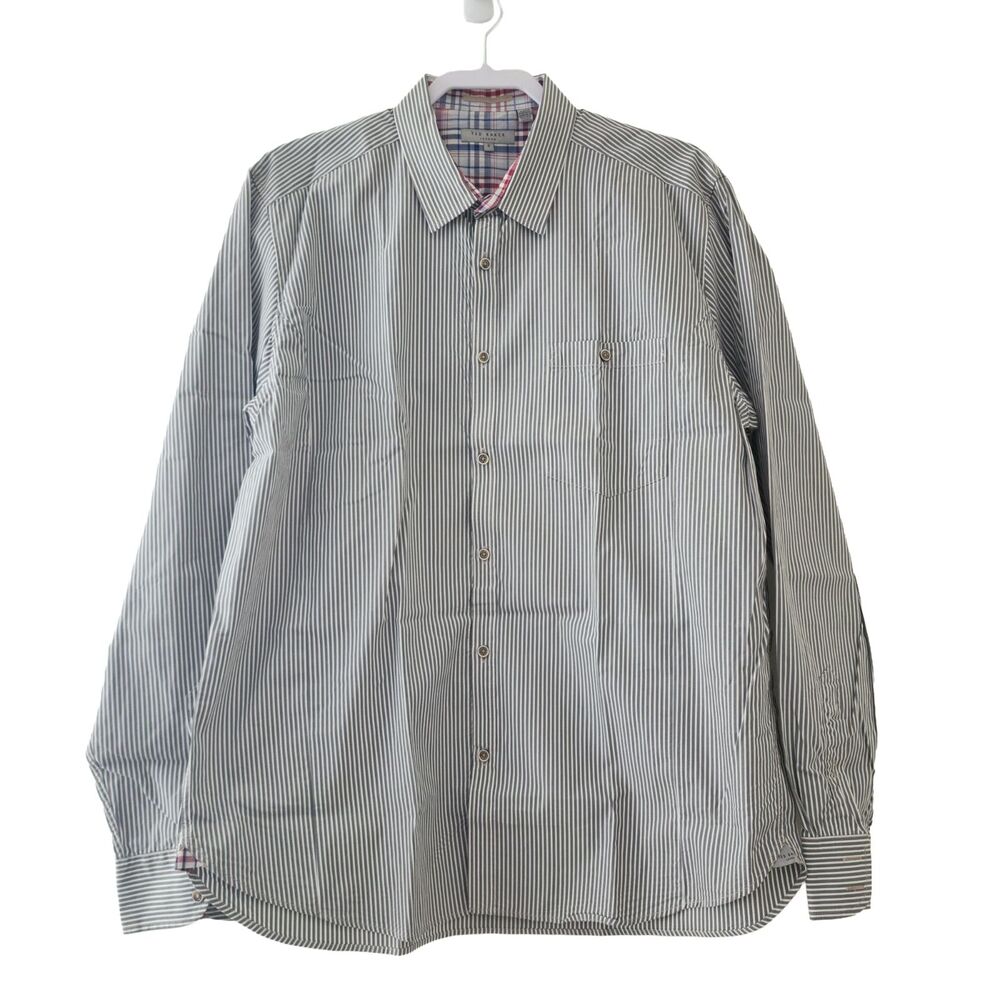 Ted Baker Kival Shirt Men's 2XL Ted Fit Grey White Stripe Dress Shirt Portugal